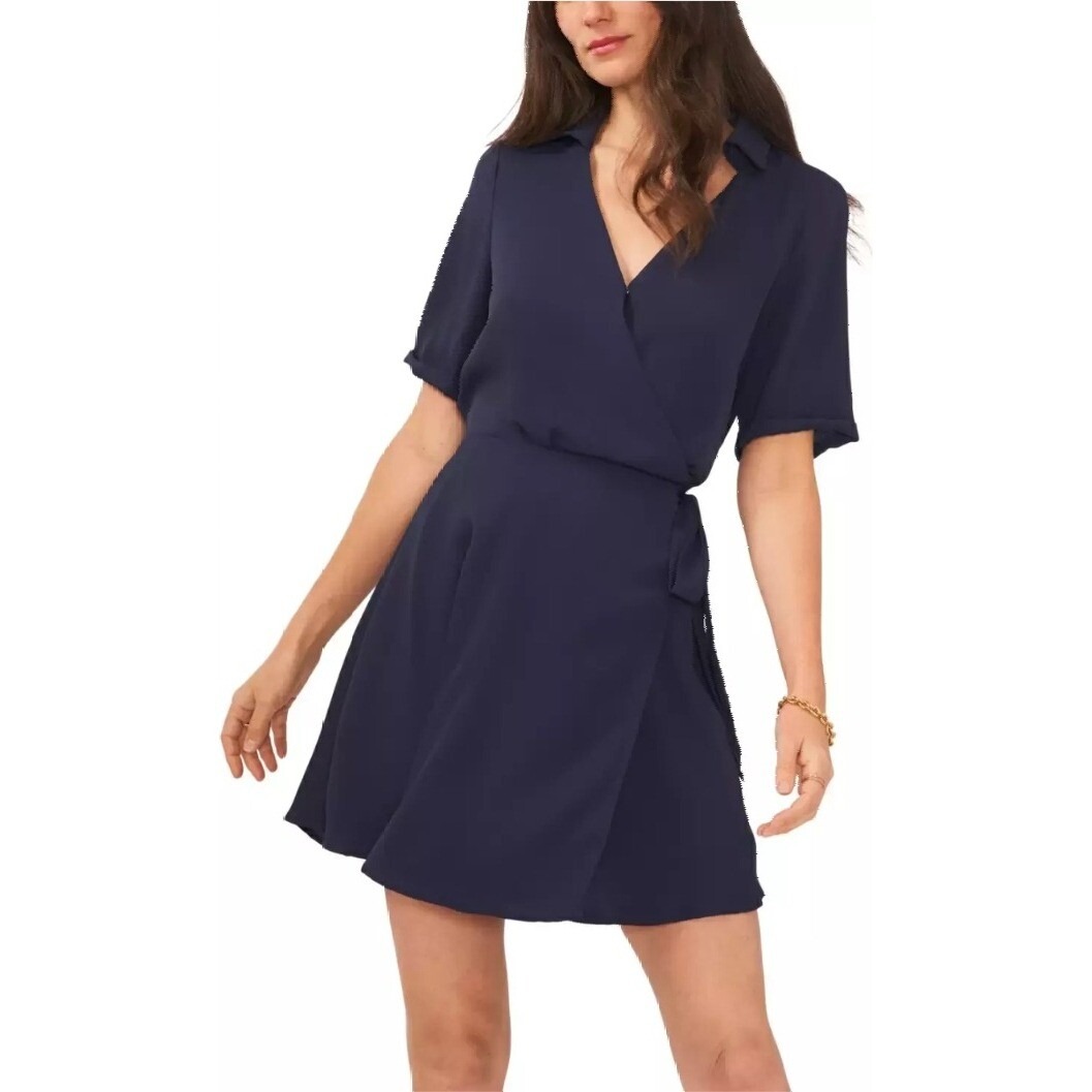 Vince Camuto Wrap Dress Classic Navy Short Sleeve Collared Size M Nwt $118 Msrp